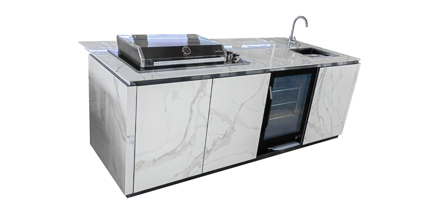 Grill King Bella 4B Drop In Alfresco Outdoor BBQ Kitchen Island | Fridge & Sink Combo High Grade White Stone Designer BBQ Inc Fridge, Sink, Faucet & BBQ Cover
