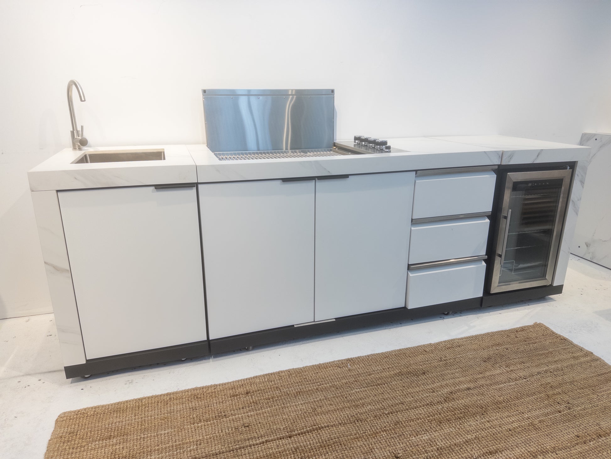 FLAT HOOD White Stone 4B Drop In BBQ Kitchen Package with Stone Benchtops, Hampton Waterfall Design