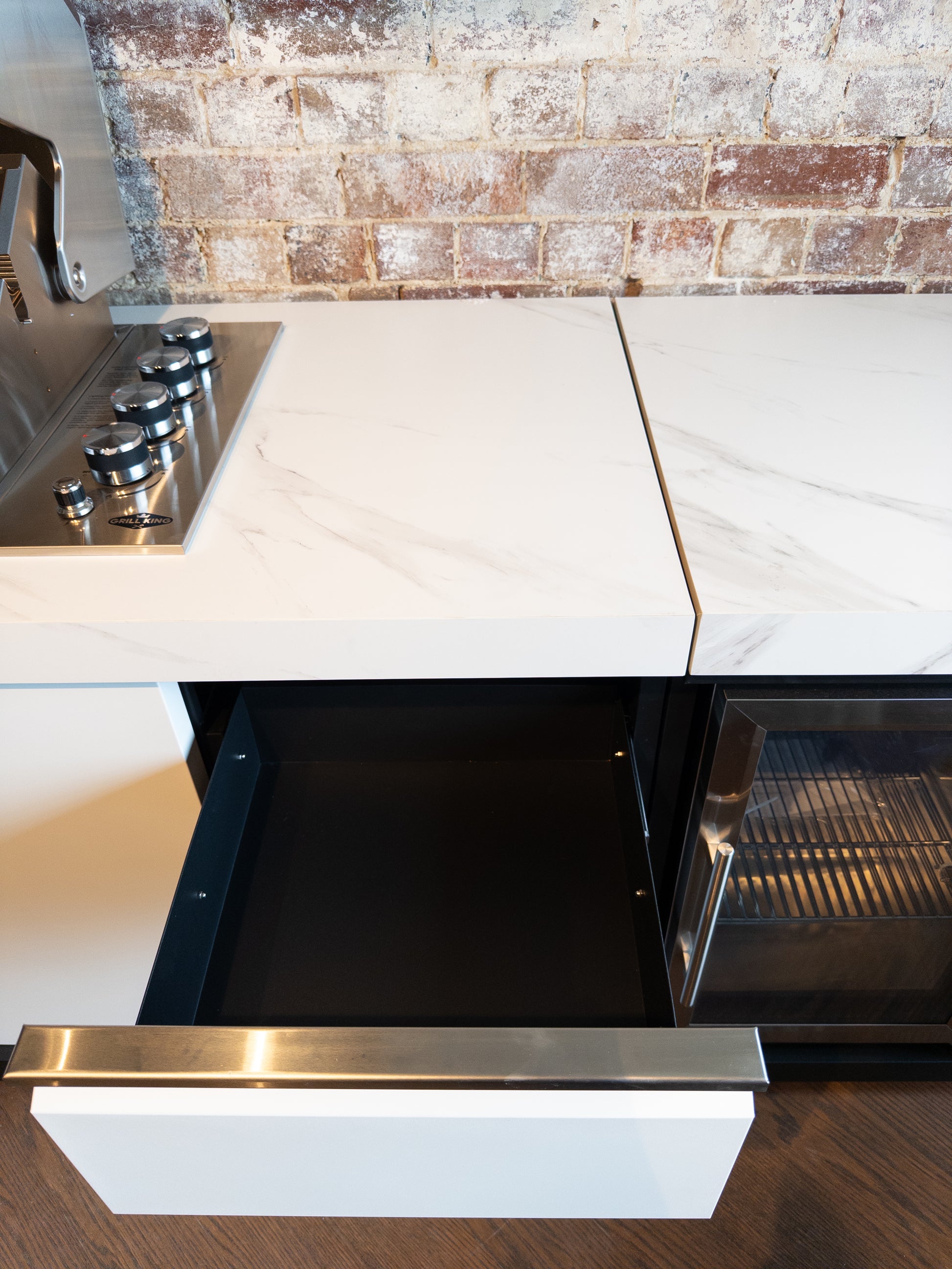 White Stone 4B Drop In BBQ Kitchen Package with Stone Benchtops, Hampton Waterfall Design