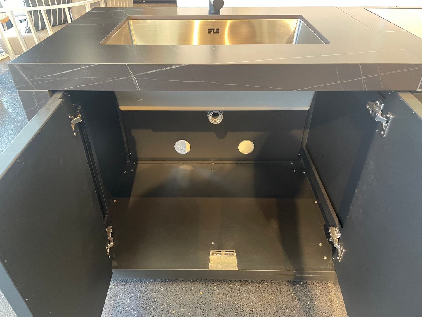 Floor Stock Rockpool Black 4B Drop In Flat Hood BBQ Kitchen Inc Sintered Stone Benchtops, Aluminium Cabinets, Fridge & Sink