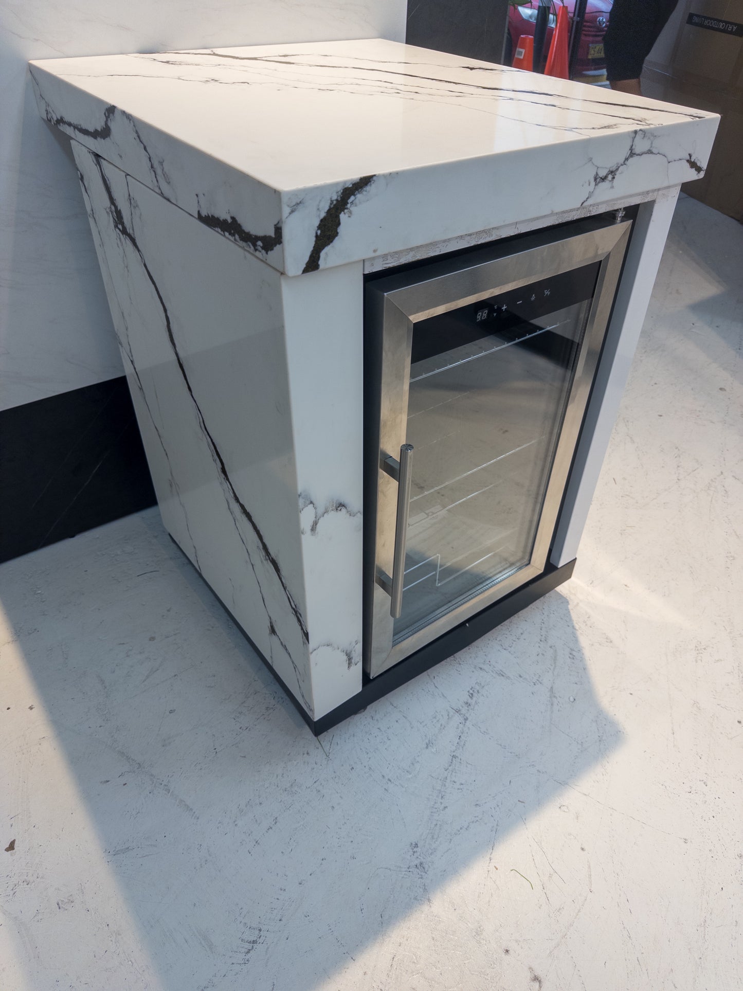 Ex Display Fridge Module Marble Look Stone Finish LHS Waterfall Edge Custom Built Aluminum Cabinet