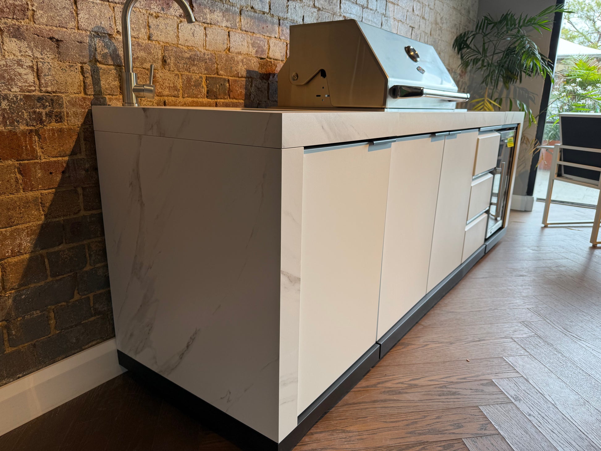 White Stone 4B Drop In BBQ Kitchen Package with Stone Benchtops, Hampton Waterfall Design