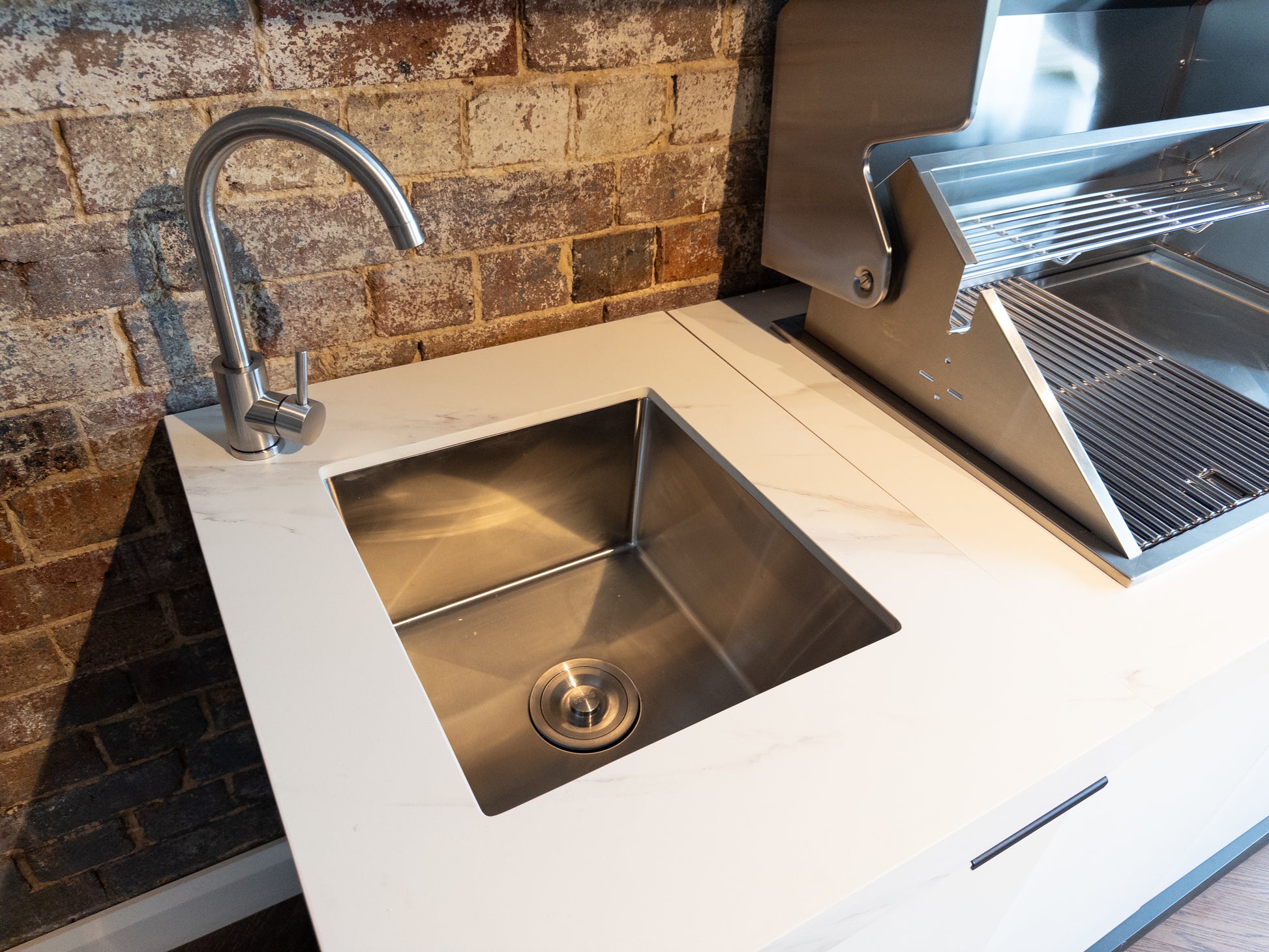 White Stone 4B Drop In BBQ Kitchen Package with Stone Benchtops, Hampton Waterfall Design