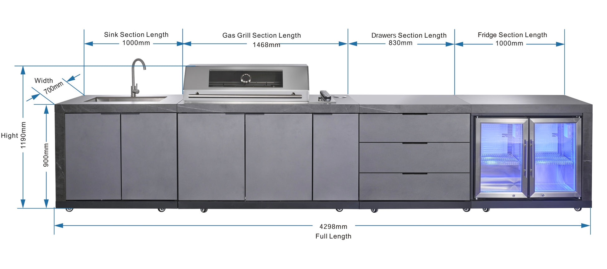 Deep Charcoal 6B Drop In BBQ Kitchen Package Inc sintered stone benchtops, Aluminium Cabinets, Weather Resistant, Fridge & Sink