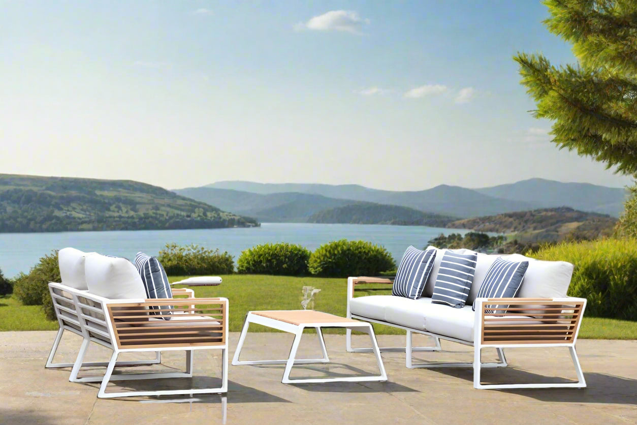 Morlaix 4 Piece Hampton Style Designer Outdoor Lounge Set: White Aluminium, Acacia Wood, Table & Cushions