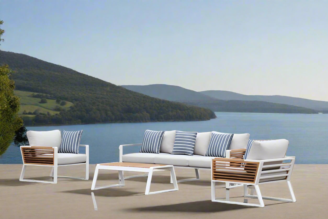 Morlaix 4 Piece Hampton Style Designer Outdoor Lounge Set: White Aluminium, Acacia Wood, Table & Cushions