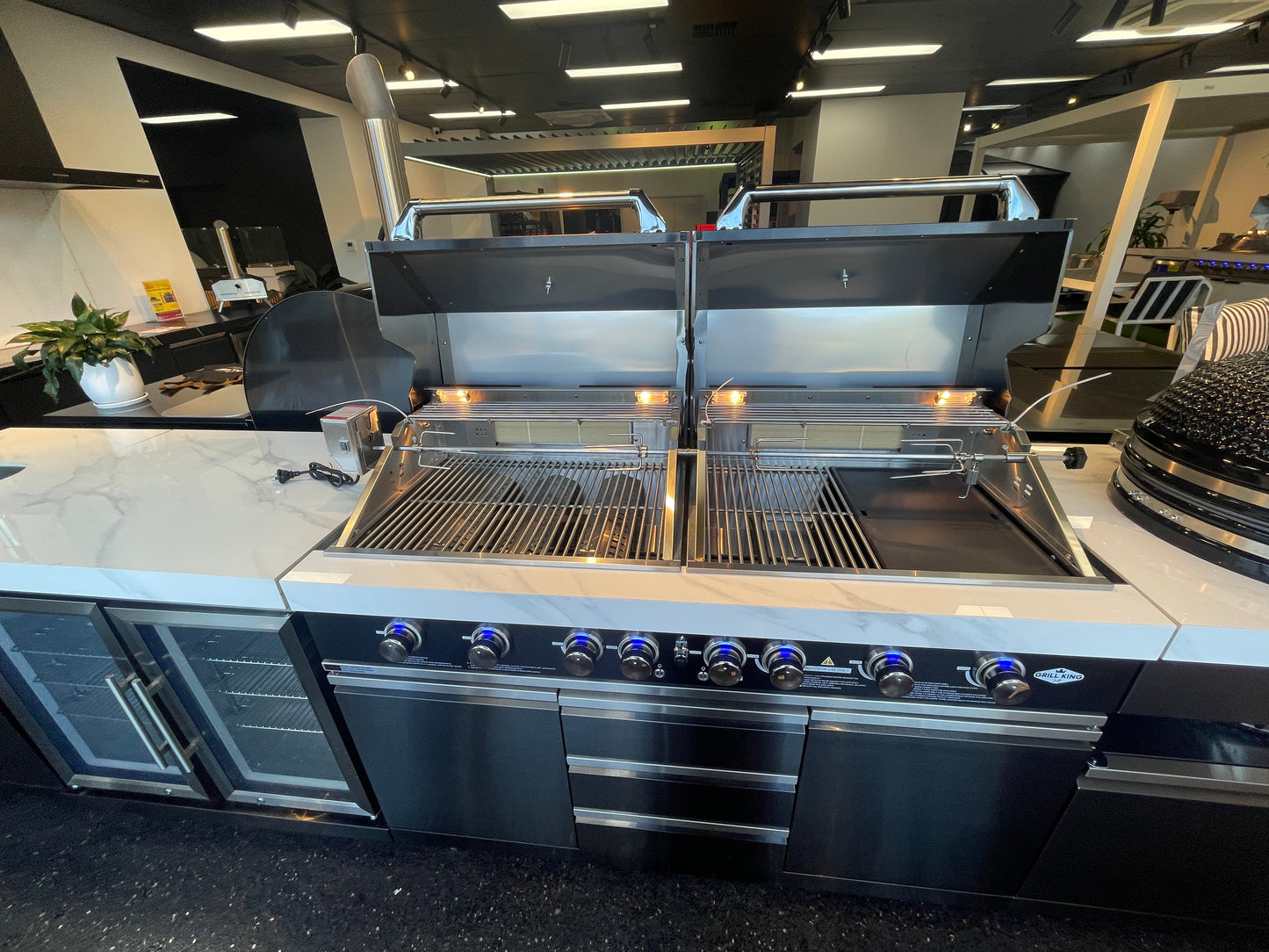 Floor Stock Element Twin-Hood Outdoor BBQ Kitchen with Kamado Smoker, Fridge, Sink, Rotisserie