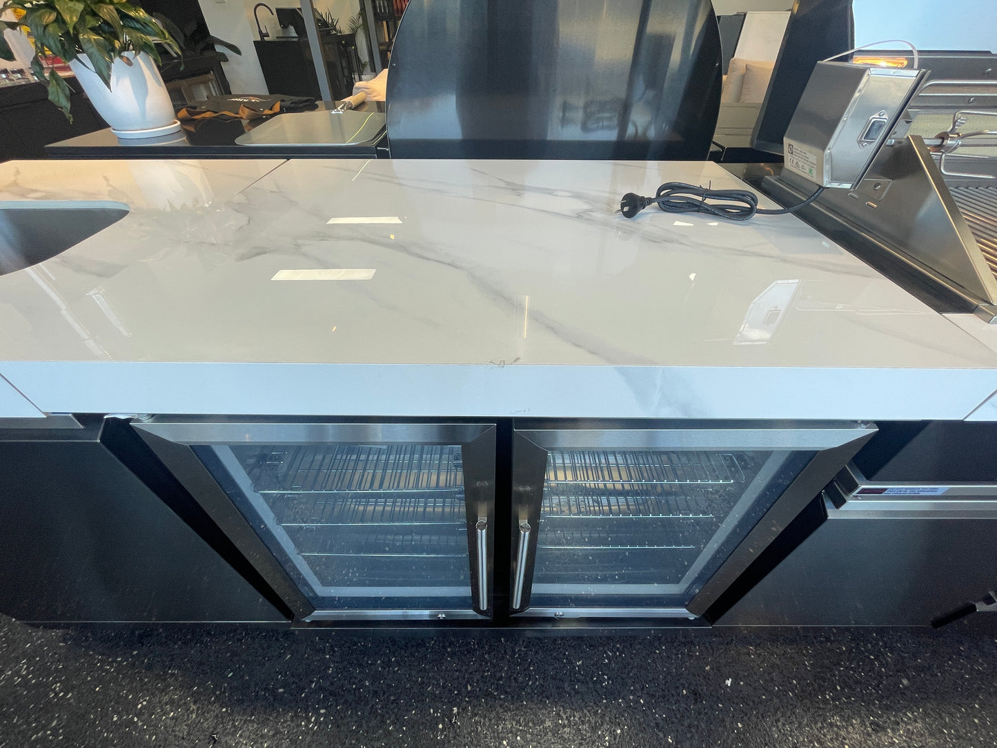 Floor Stock Element Twin-Hood Outdoor BBQ Kitchen with Kamado Smoker, Fridge, Sink, Rotisserie