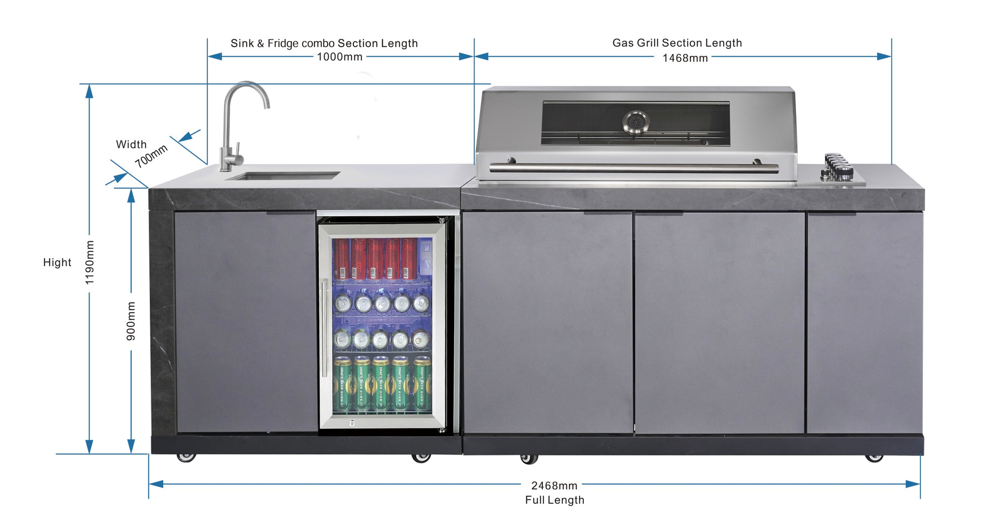 Deep Charcoal 6B Drop In BBQ Kitchen Package Inc sintered stone benchtops, Aluminium Cabinets, Weather Resistant, Fridge & Sink