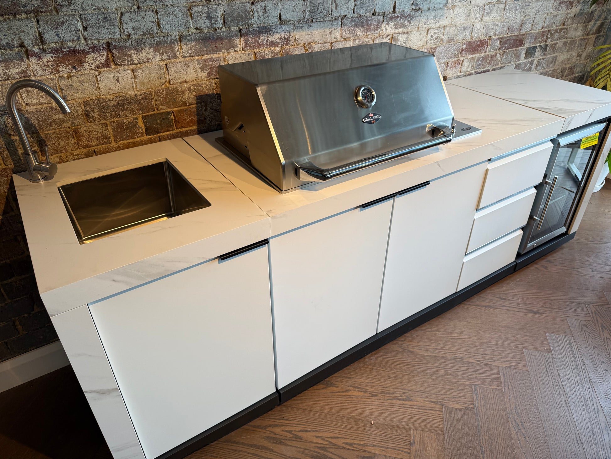 White Stone 4B Drop In BBQ Kitchen Package with Stone Benchtops, Hampton Waterfall Design