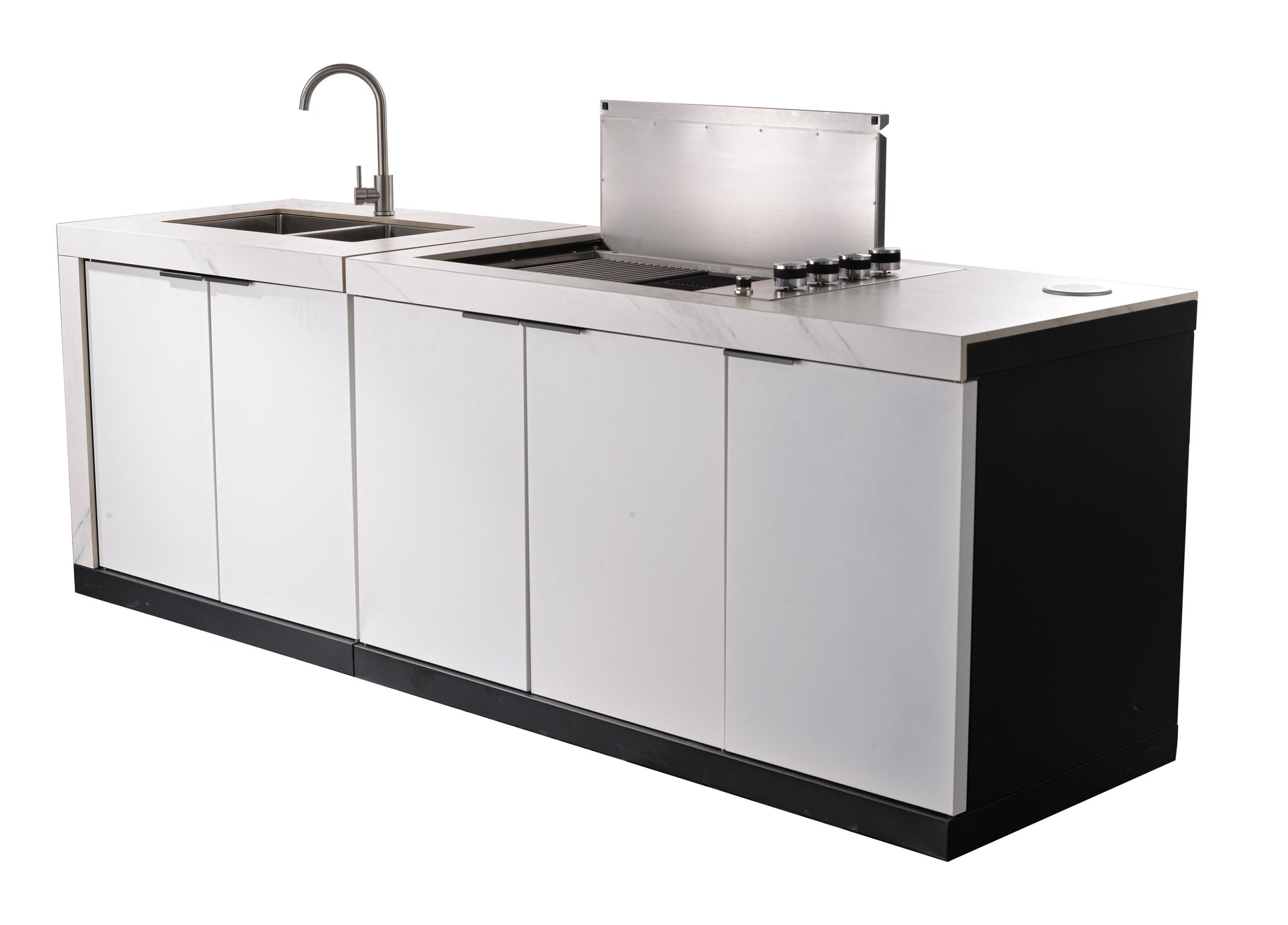 White Stone 4B Drop In BBQ Kitchen Package with Stone Benchtops, Hampton Waterfall Design