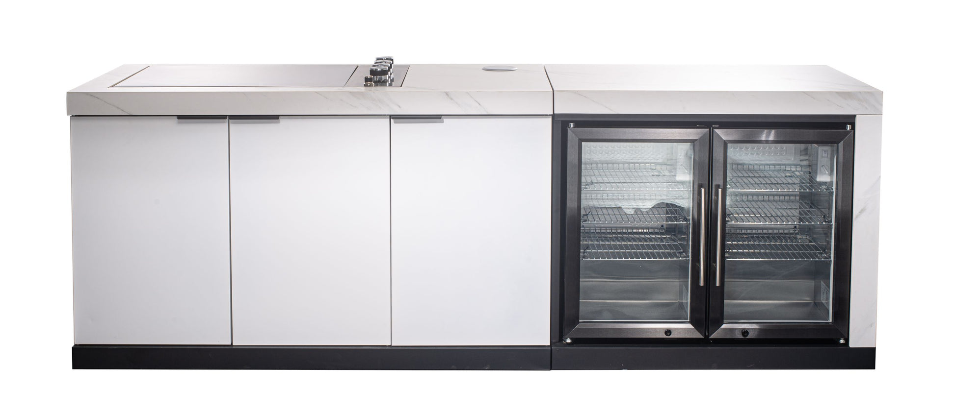 White Stone 4B Drop In BBQ Kitchen Package with Stone Benchtops, Hampton Waterfall Design