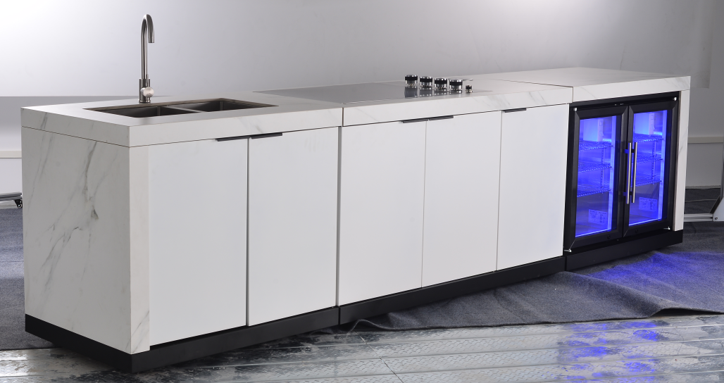 White Stone 4B Drop In BBQ Kitchen Package with Stone Benchtops, Hampton Waterfall Design