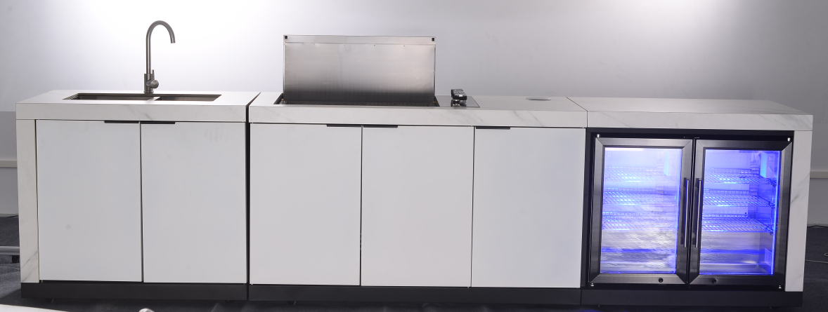 White Stone 4B Drop In BBQ Kitchen Package with Stone Benchtops, Hampton Waterfall Design