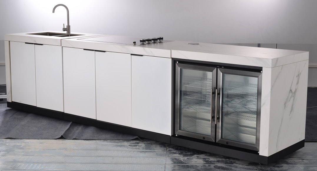 White Stone 4B Drop In BBQ Kitchen Package with Stone Benchtops, Hampton Waterfall Design