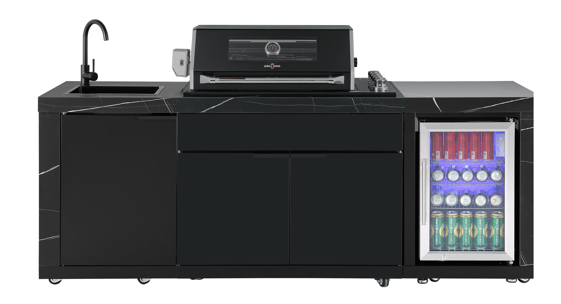 Grill King Rockpool 4 Burner Drop-In BBQ Kitchen Package - Black Stainless, Stone Benchtops