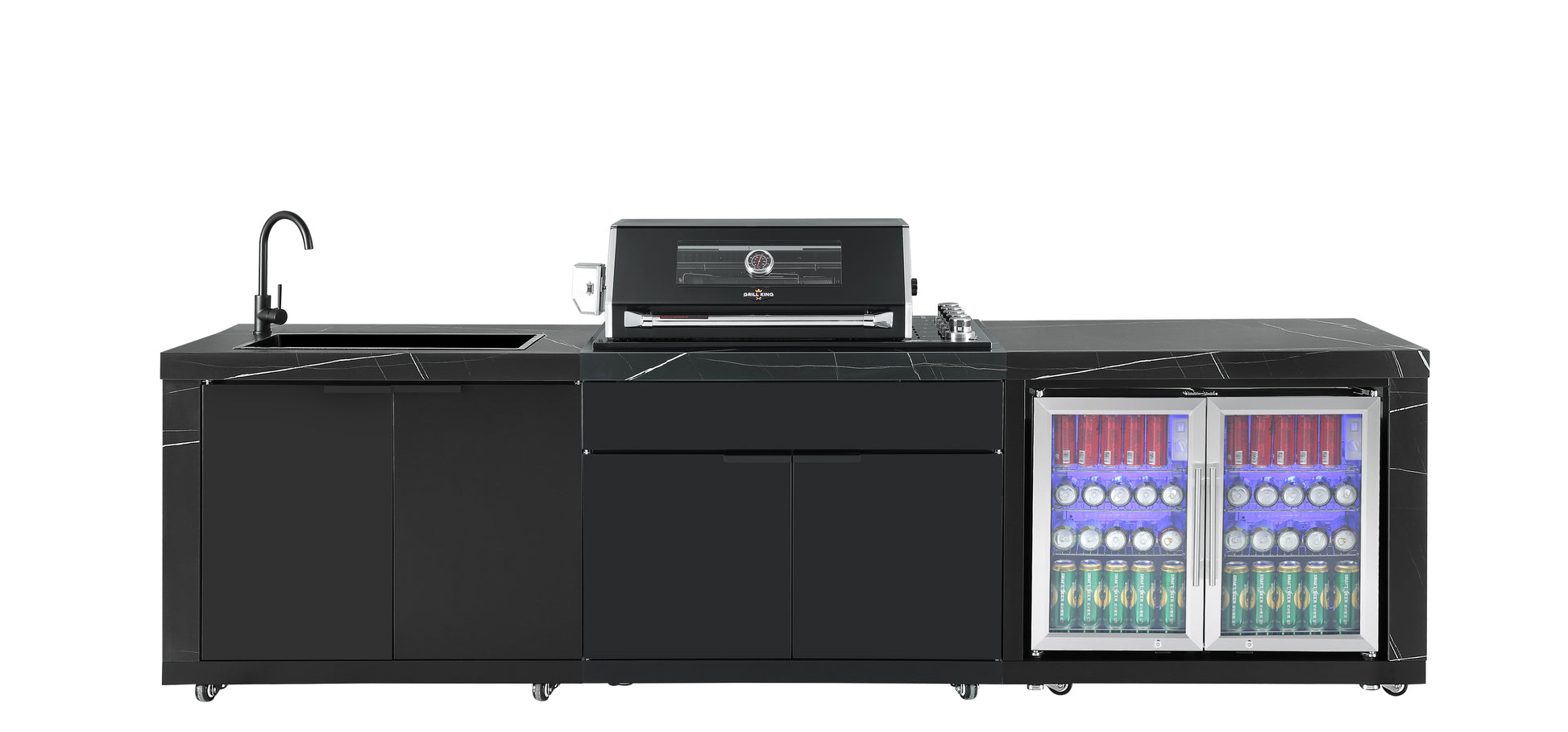 Grill King Rockpool 4 Burner Drop-In BBQ Kitchen Package - Black Stainless, Stone Benchtops