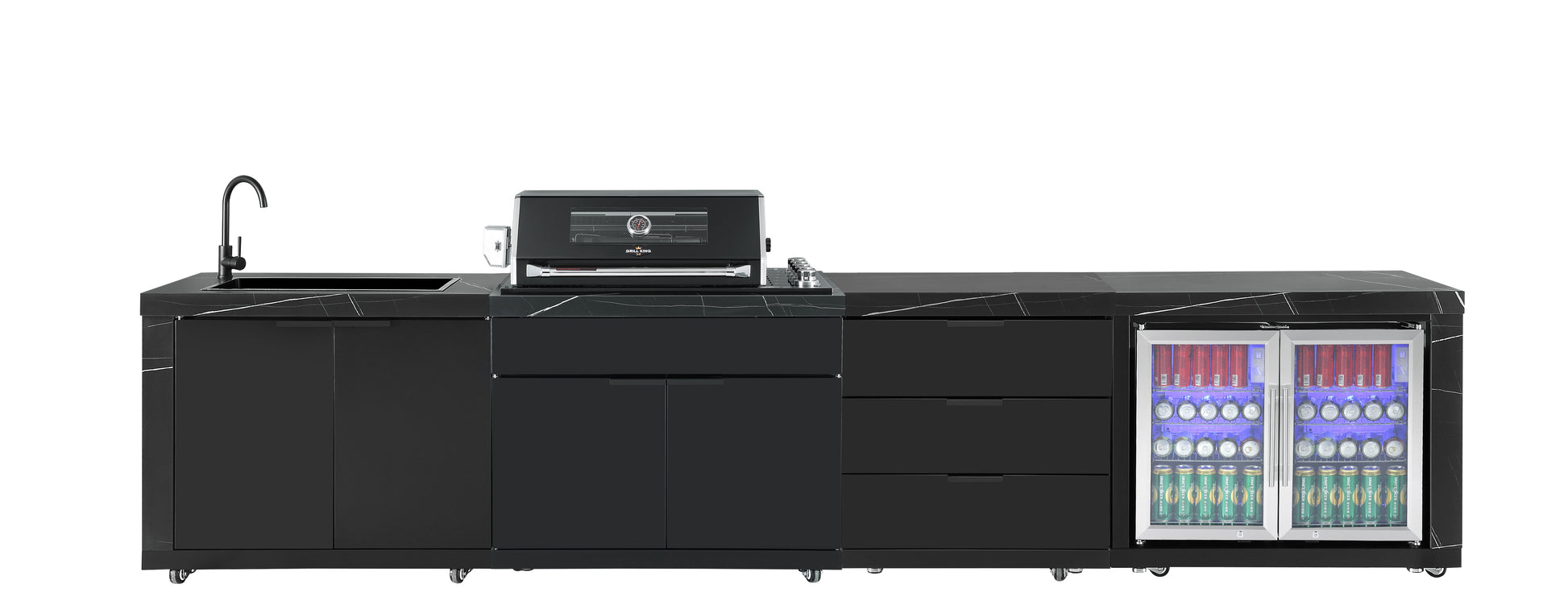 Grill King Rockpool 4 Burner Drop-In BBQ Kitchen Package - Black Stainless, Stone Benchtops