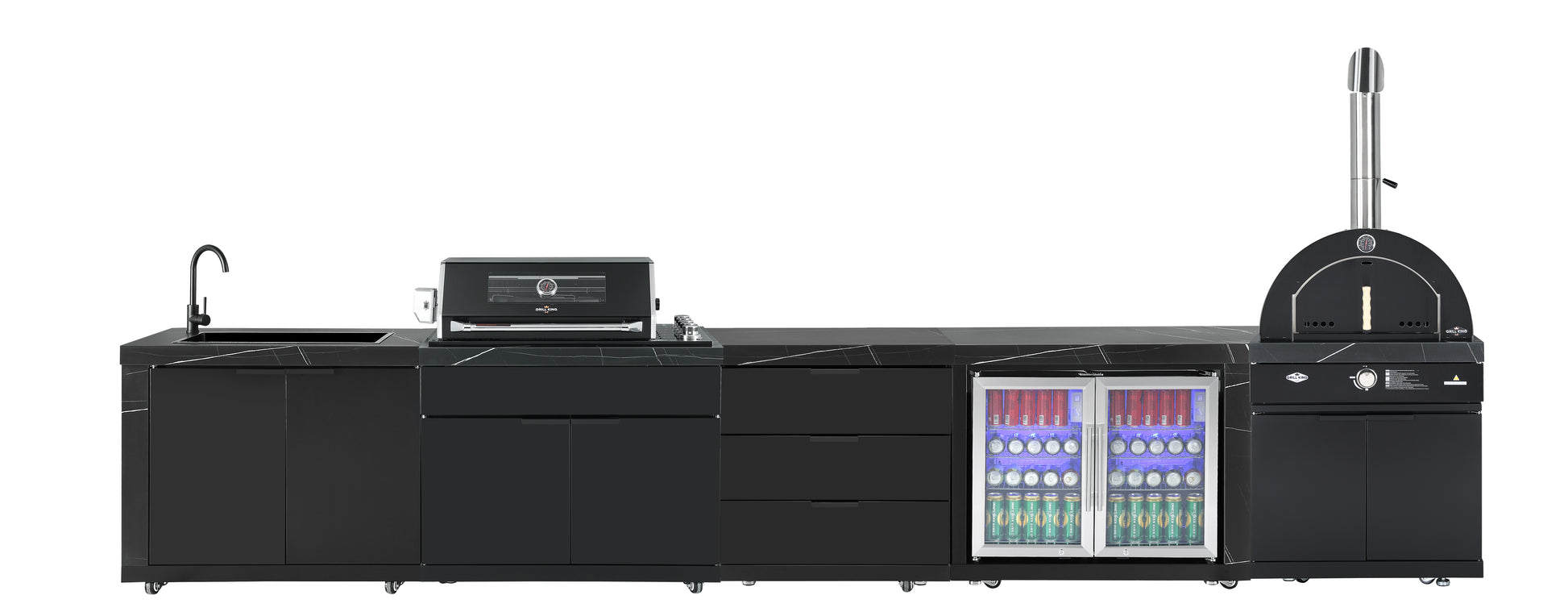 Grill King Rockpool 4 Burner Drop-In BBQ Kitchen Package - Black Stainless, Stone Benchtops