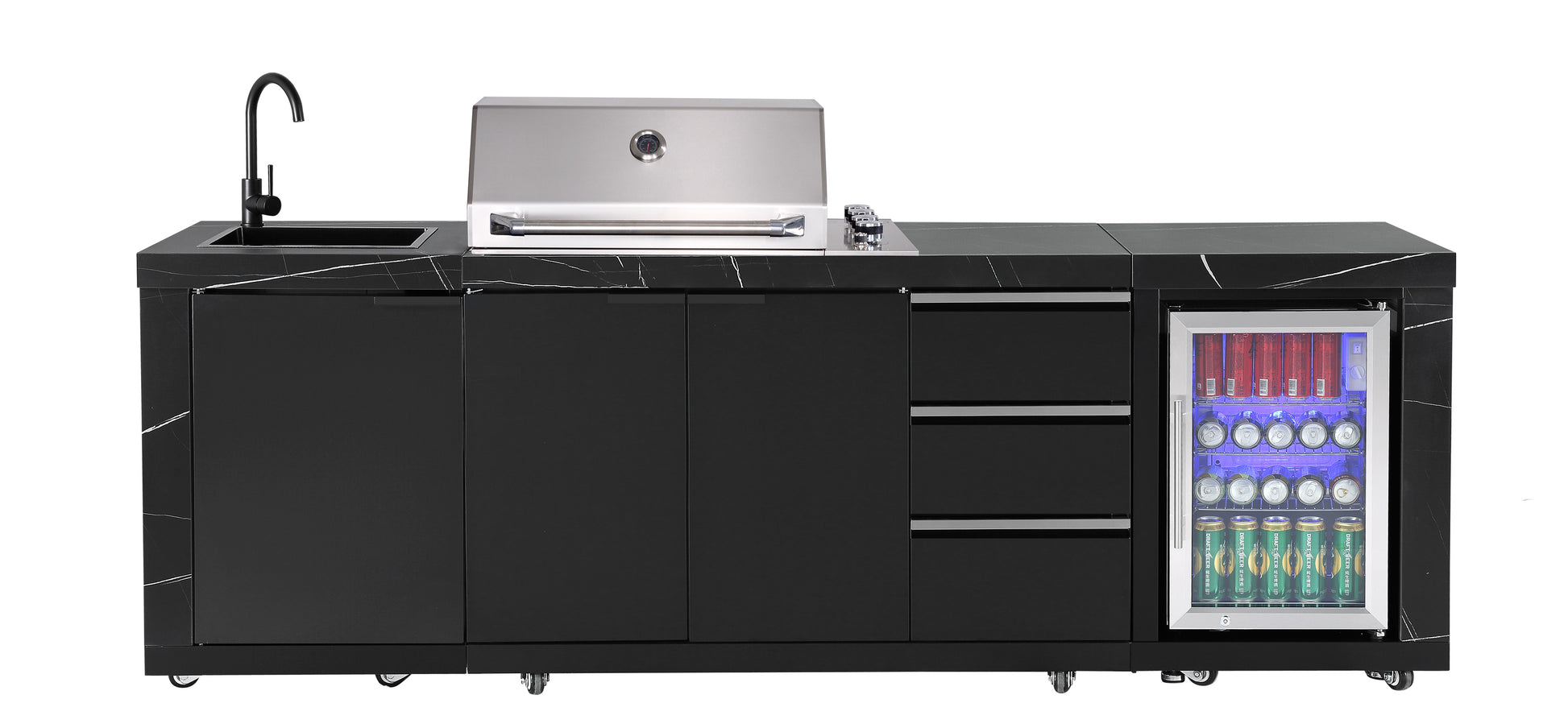 White Stone 4B Drop In BBQ Kitchen Package with Stone Benchtops, Hampton Waterfall Design