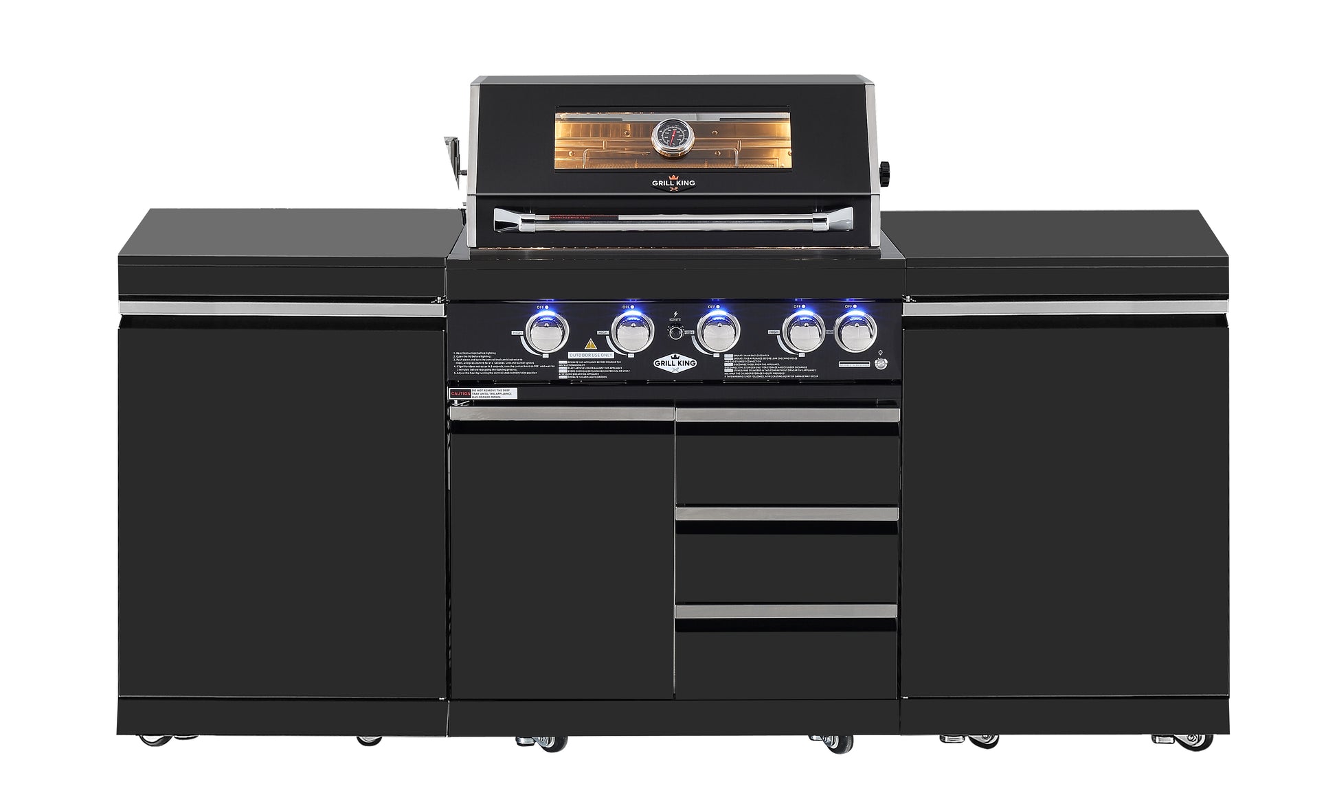 Kingsley 4 Burner Non Wok Black Stainless Steel BBQ Kitchen Package Inc 2x Storage Cupboards, Rotisserie & Covers