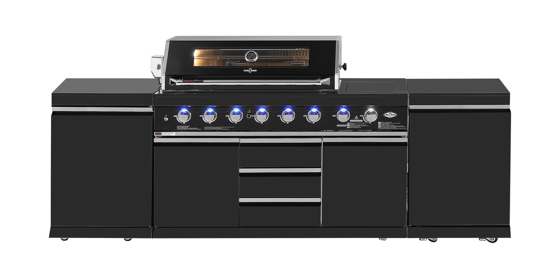 Kingsley 6-Burner Outdoor BBQ Kitchen Package Inc Black Stainless Steel, Stone Benchtop, Rotisserie, Covers, Pre Assembled