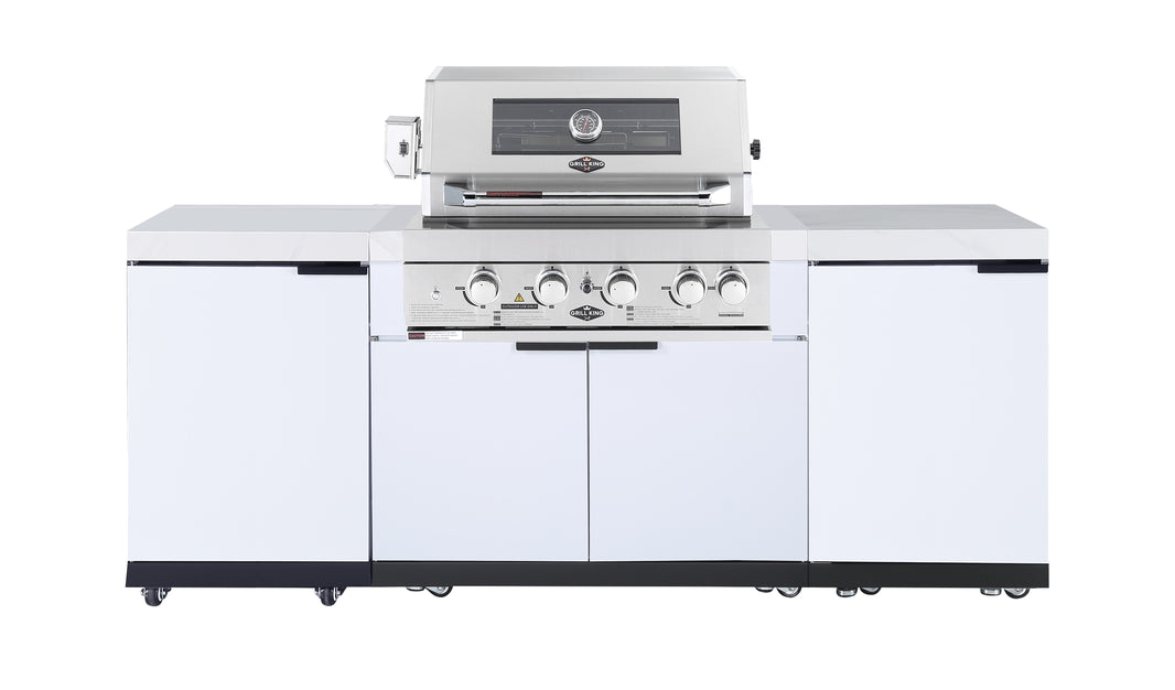 4B BBQ Package in Rockpool White, White Cabinetry Inc Storage Cupboards, Height Adjustable Legs, Castors, Rear Infrared Burner