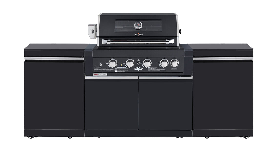 Black Stainless 4 Burner Built In BBQ Kitchen Package, Storage Cupboards, Rotisserie & Covers