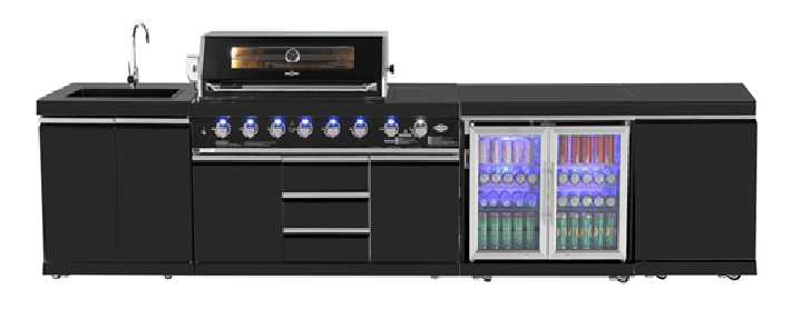 Kingsley 6-Burner Outdoor BBQ Kitchen: Black Stainless Steel, Stone Bench, Fridge, Sink, Height Adjustable