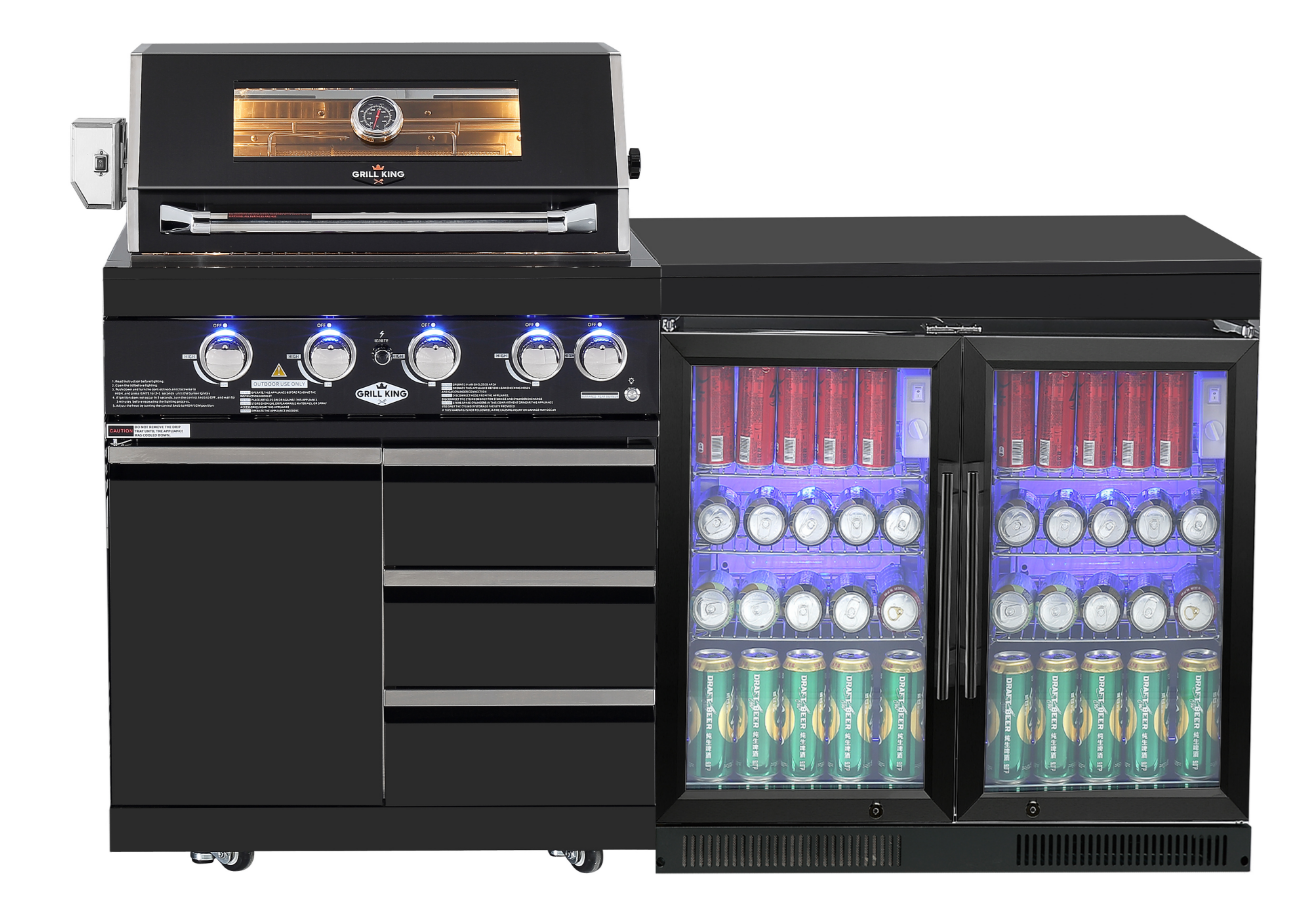 Kingsley 4 Burner Non Wok Black Stainless Steel BBQ Kitchen Package Inc 2x Storage Cupboards, Rotisserie & Covers