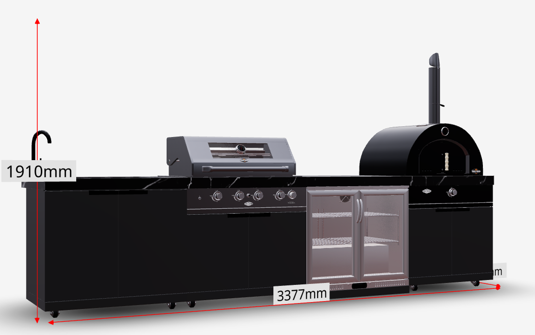 Kingsley 4 Burner Non Wok Black Stainless Steel BBQ Package Inc Pizza Oven, 2DR Fridge, 2DR Sink