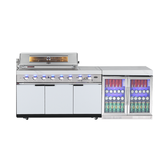 Hampton Style White Stone Rockpool 6B BBQ Kitchen Package, 2DR Tropical Fridge
