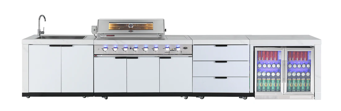 Rockpool 6B + Wok: White Designer 6 Burner Outdoor BBQ Kitchen Package: Inc White Bench, White Doors, Fridge & Sink