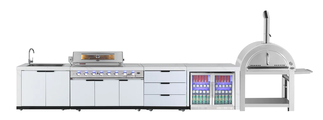 Rockpool 6B + Wok: White Designer 6 Burner Outdoor BBQ Kitchen Package: Inc White Bench, White Doors, Fridge & Sink