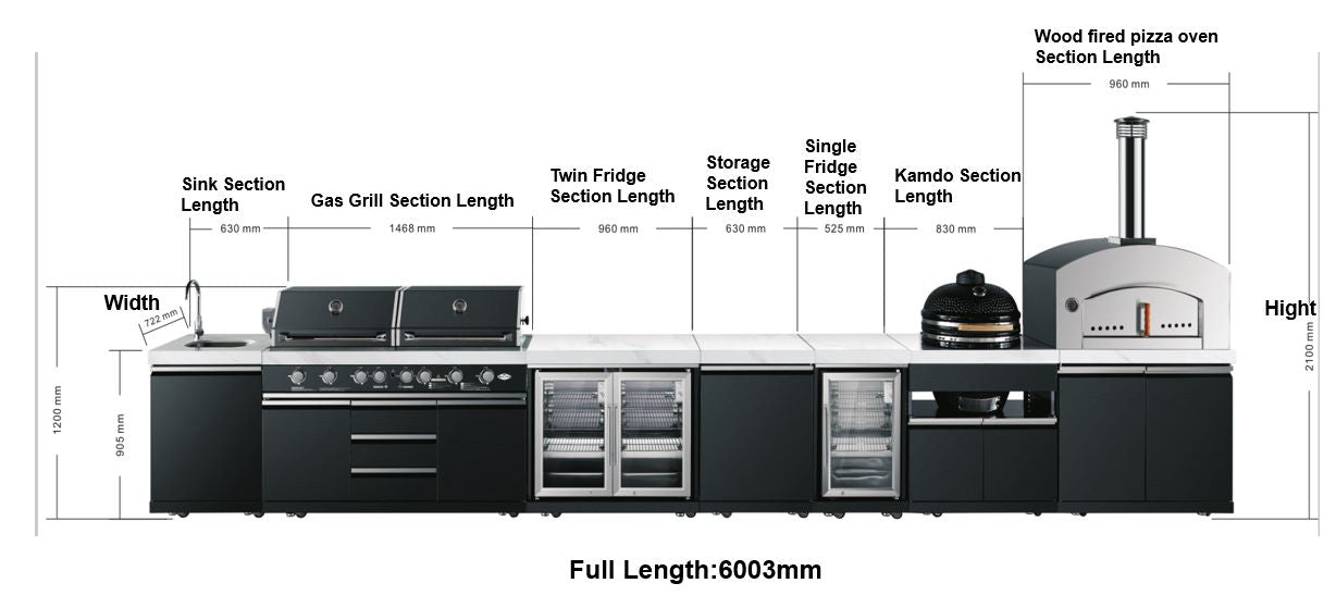 Element Twin Hood 8-Burner Outdoor BBQ Kitchen + 188L Kegerator : Graphite Stainless Steel, Stone Bench, Fridge, Sink, Height Adjustable