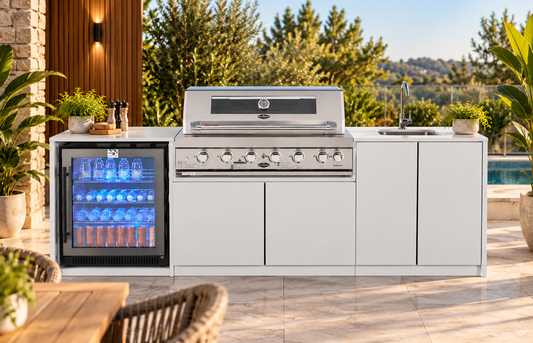 Grill King Signature Series 6 Burner Outdoor BBQ Kitchen – White Stone, 150L Fridge & Aluminium Cabinetry