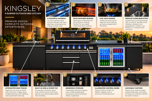 Kingsley 6-Burner Outdoor BBQ Kitchen – Black Stainless Steel with Stone Benchtop, Fridge & Sink