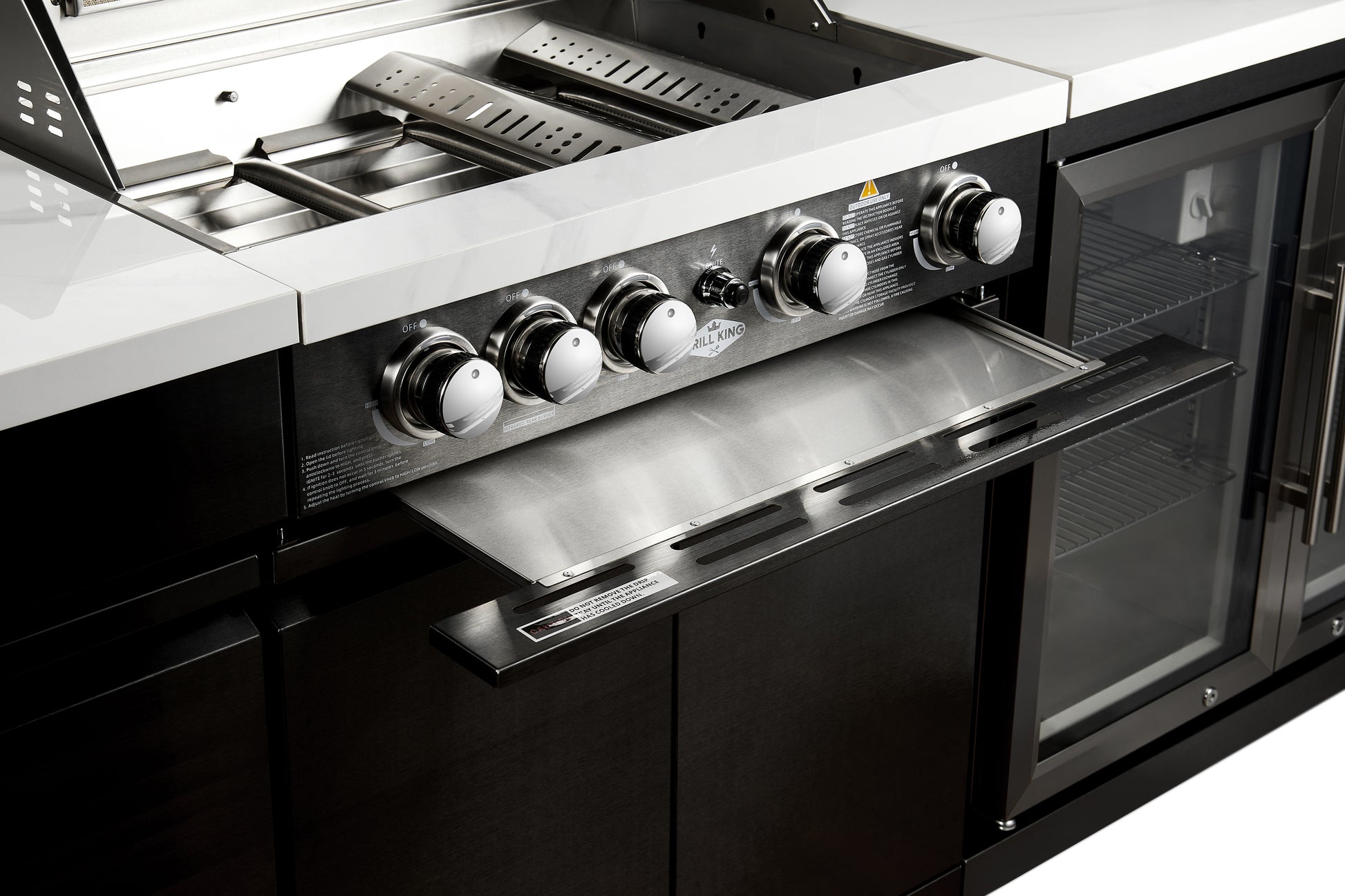 Element Twin Hood 8-Burner Outdoor BBQ Kitchen + 188L Kegerator : Graphite Stainless Steel, Stone Bench, Fridge, Sink, Height Adjustable