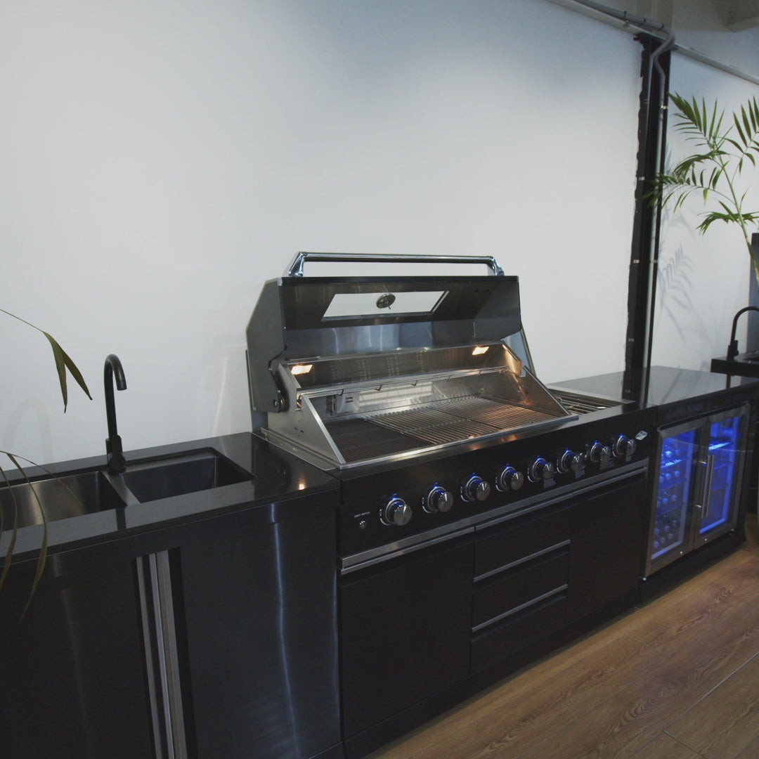 Kingsley 6-Burner Outdoor BBQ Kitchen: Black Stainless Steel, Stone Bench, Fridge, Sink, Height Adjustable