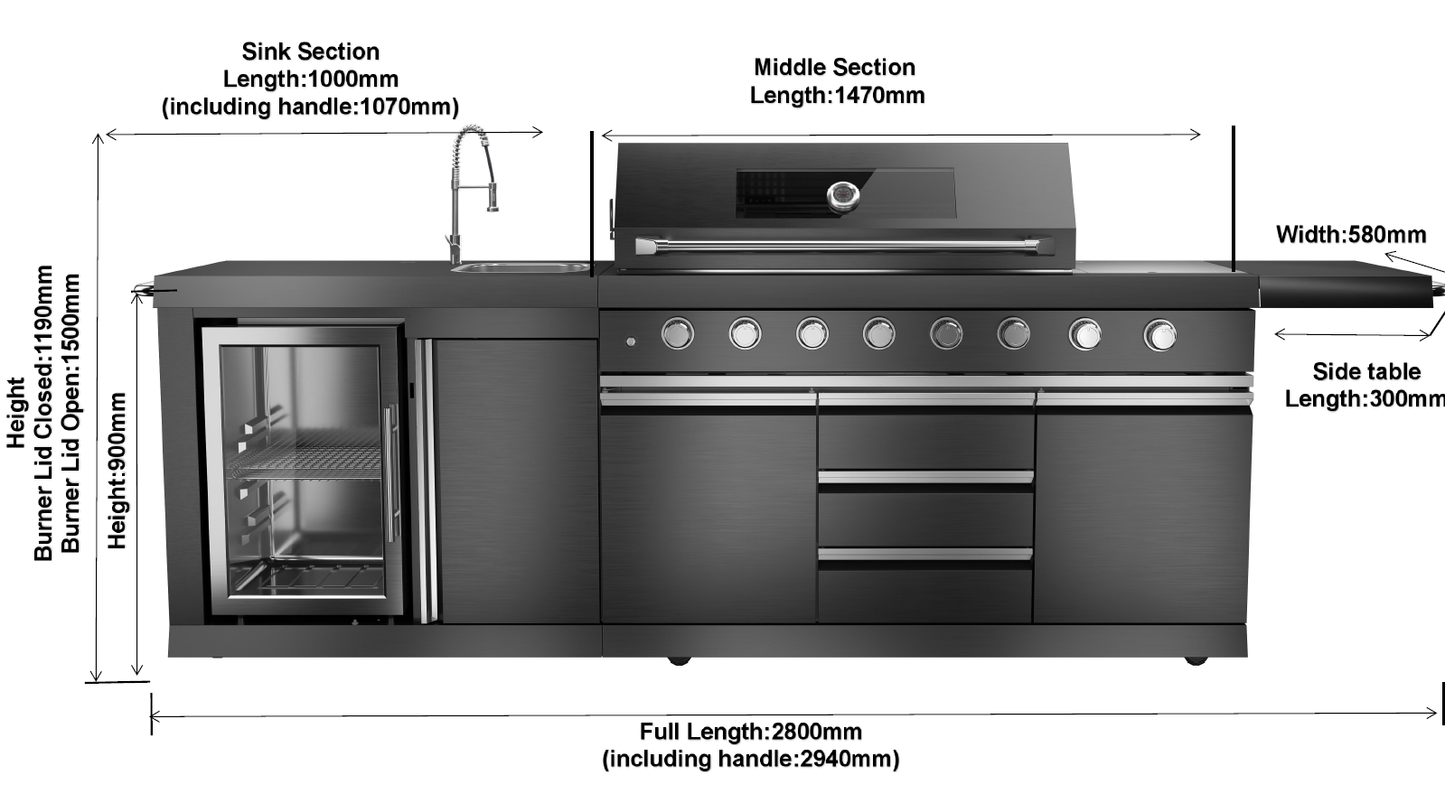 Macelleria Professional 6 Burner Outdoor Kitchen BBQ | Black High Grade #304 Stainless Steel