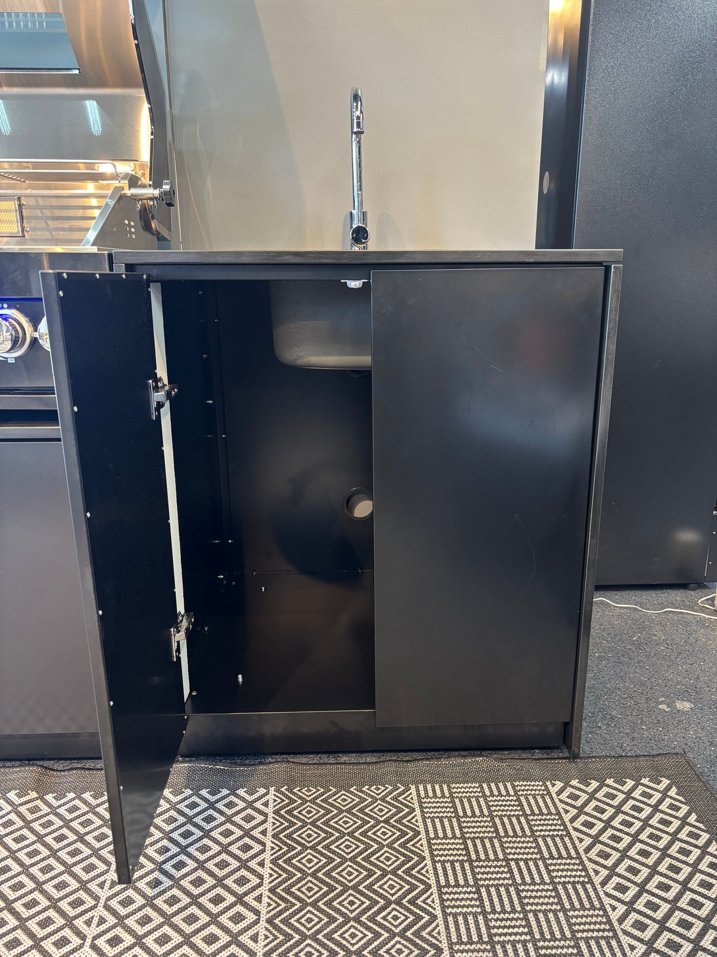 Grill King Signature Series 6 Burner Outdoor BBQ Kitchen Package – Black Stone Benchtop, Black Aluminium Cabinets, Built-In BBQ + Rotisserie