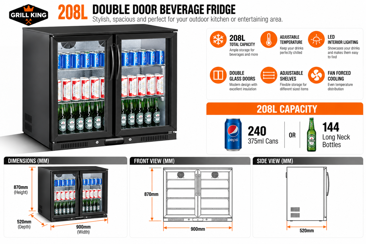 Bar Fridge King 208L Double Door Bar Fridge – Black Stainless Steel, Triple-Glazed Glass & Digital Temperature Control