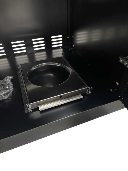 Grill King Signature Series Outdoor BBQ Kitchen Package – Rockpool Black Stone Bench-Top, Black Aluminium Cabinets | 4-Burner Built-In BBQ + Rotisserie + 150L Outdoor Fridge