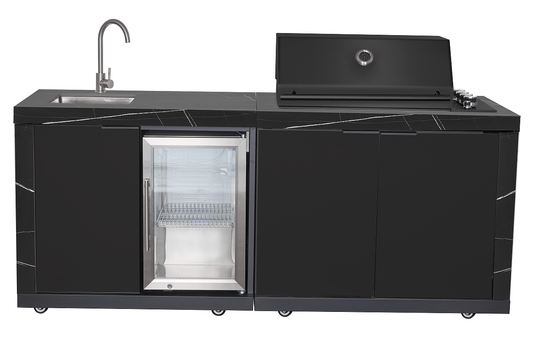 Rockpool Black RHS Compact Series 4B Raised Hood BBQ Kitchen | 3 Drawers, Castors, Weather-Resistant, Stone Benchtops