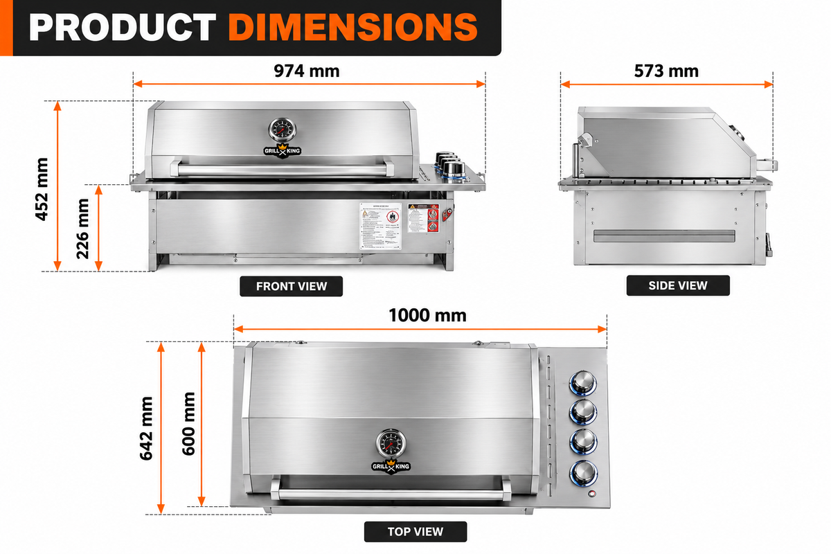 Grill King Slimline 4 Burner Drop-In BBQ – Silver Stainless Steel