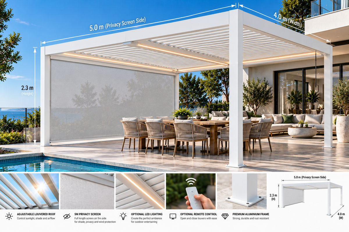GazeboMate 4m × 5m White Aluminium Louvered Gazebo + Retractable Privacy Screen Combo