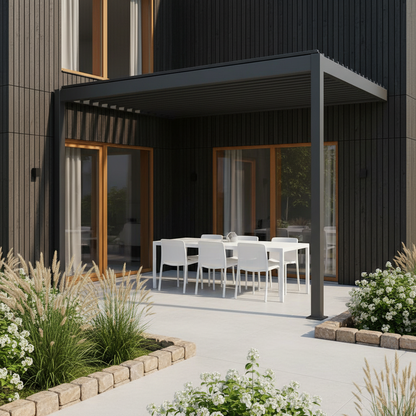 test rey 1 Wall Mounted 3x4M Louvered Gazebo Aluminium Pergola Monument Heavy Duty Wind Resistant