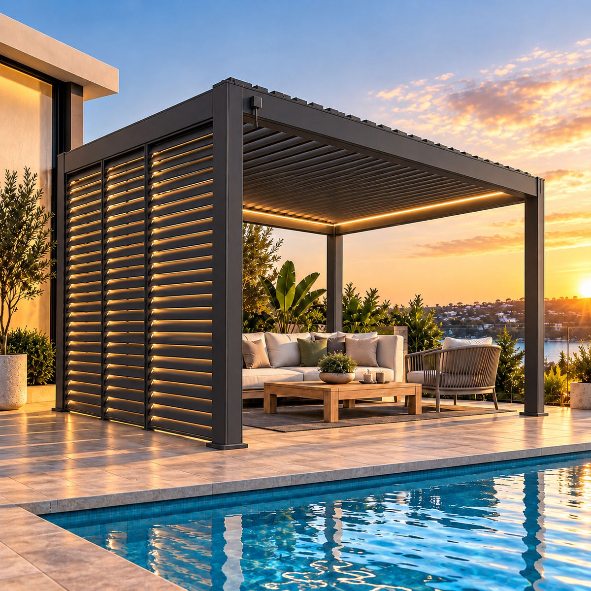 GazeboMate Louvered Gazebo + Aluminium Privacy Side Wall – Monument Charcoal