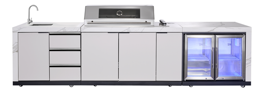 Rockpool White 6B Drop In Raised Hood BBQ Kitchen Inc 3 Draws, Castors, Weather Resistant & Stone Benchtops