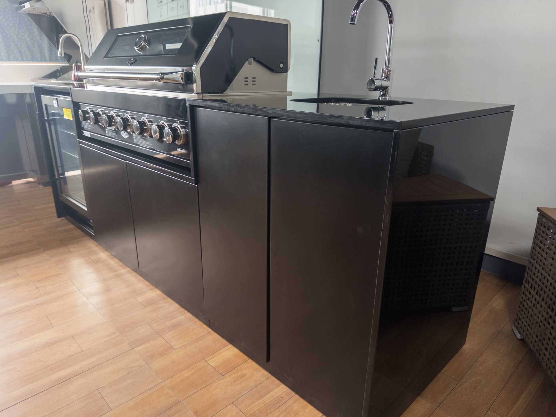 Grill King Signature Series 6 Burner Outdoor BBQ Kitchen Package – Black Stone Benchtop, Black Aluminium Cabinets, Built-In BBQ + Rotisserie